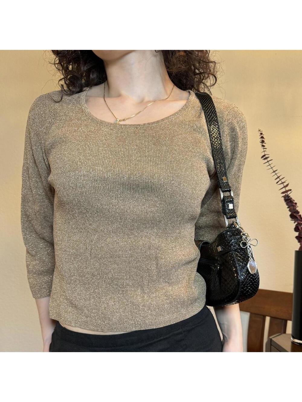 Sparkly tan and gold three quarter sleeve knit shirt